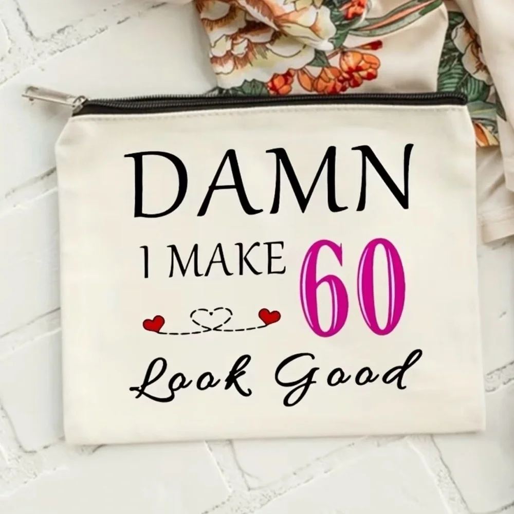 60th Birthday Cosmetic Pouch - White with Black & Pink Accent